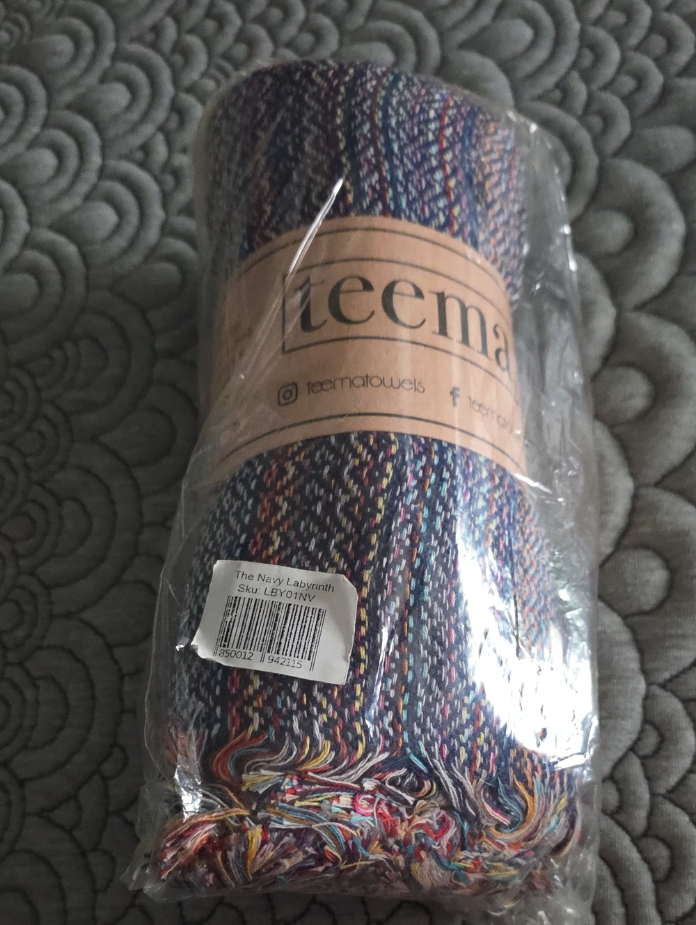 Teema Towel Navy Labyrinth Still In Packaging